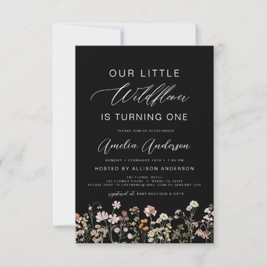 Invitation Fleur sauvage noir Boho premier anniversaire (Devant)