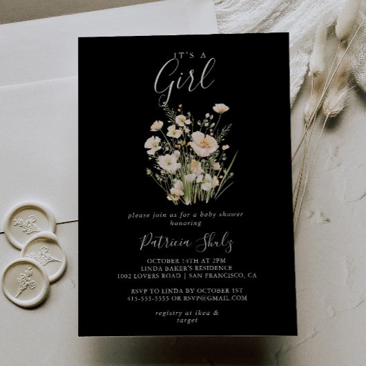 Invitation Fleur sauvage Noir classique C'est un Baby shower 