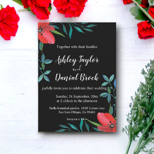 Invitation Fleur sauvage noir et blanc Rose rouge Mariage Flo