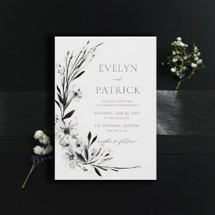 Invitation Fleur sauvage Noir Moderne Romantique Mariage élég