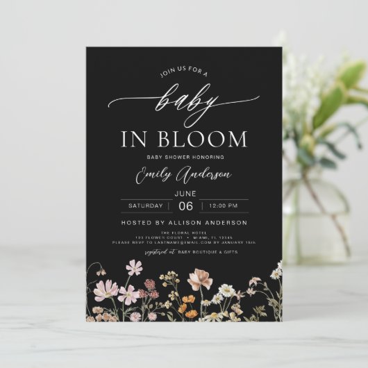 Invitation Fleur sauvage noir QR Code Baby in Bloom Shower (Debout devant)