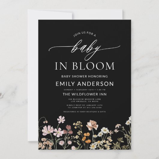 Invitation Fleur sauvage noir QR Code Baby in Bloom Shower (Devant)