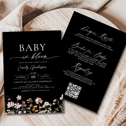 Invitation Fleur sauvage noir QR Code Baby in Bloom Shower