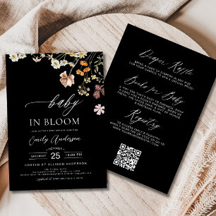 Invitation Fleur sauvage noir QR Code Baby in Bloom Shower