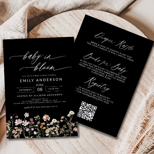 Invitation Fleur sauvage noir QR Code Baby in Bloom Shower
