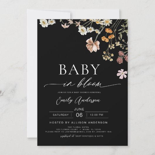 Invitation Fleur sauvage noir QR Code Baby in Bloom Shower (Devant)