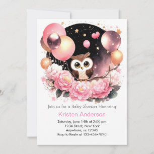 Invitation Fleur sauvage Owl Woodland Pink Girl Baby shower
