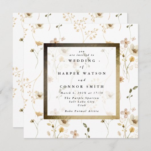 Invitation Fleur sauvage Pampas séché par cadre doré Abondanc (Devant / Derrière)