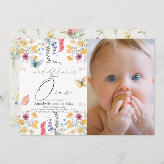 Invitation Fleur sauvage Papillon fille 1er anniversaire Phot (Devant / Derrière)