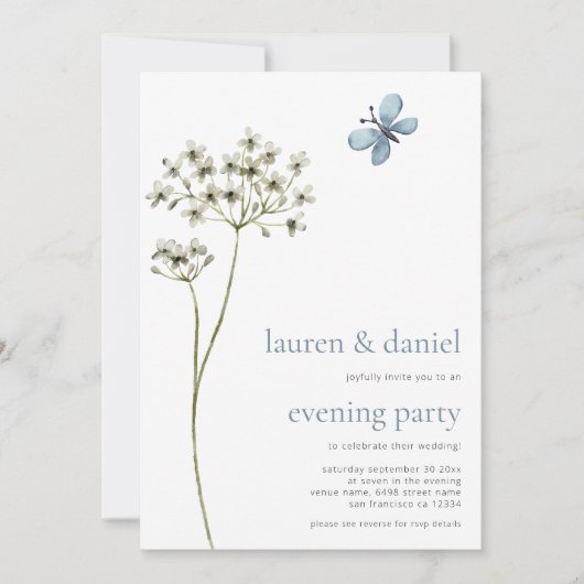 Invitation Fleur sauvage papillon QR Mariage bleu soirée (Devant)