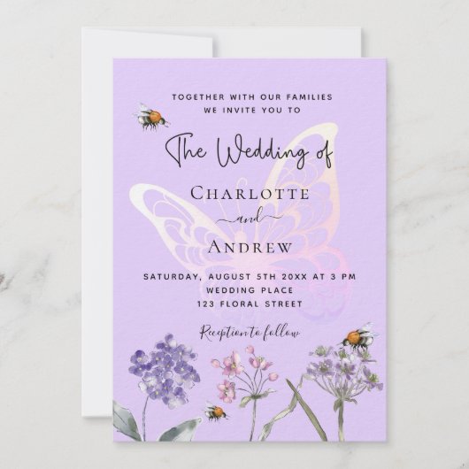 Invitation Fleur sauvage papillon rose violet mariage de luxe (Devant)
