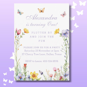 Invitation Fleur sauvage papillon un bébé fille 1er anniversa
