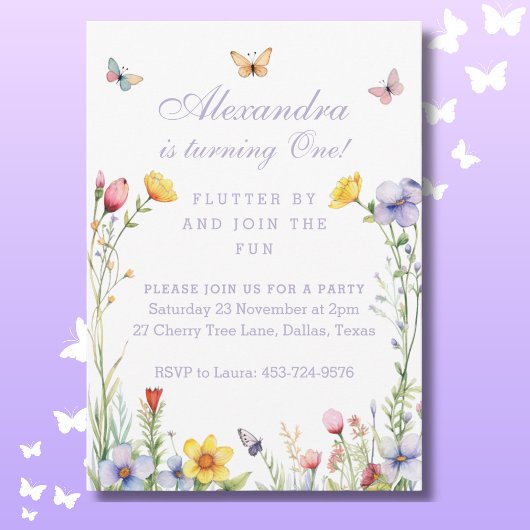 Invitation Fleur sauvage papillon un bébé fille 1er anniversa