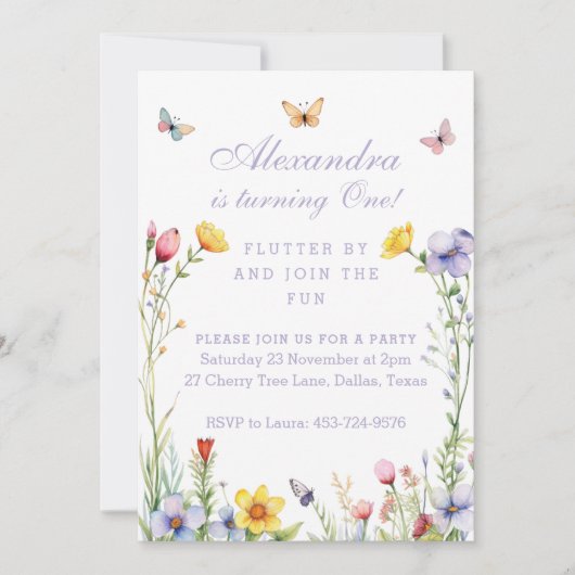Invitation Fleur sauvage papillon un bébé fille 1er anniversa (Devant)