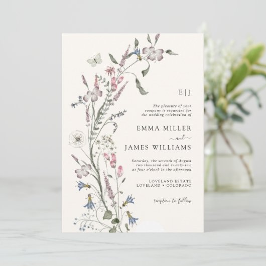 Invitation Fleur sauvage Pastel Mariage (Debout devant)