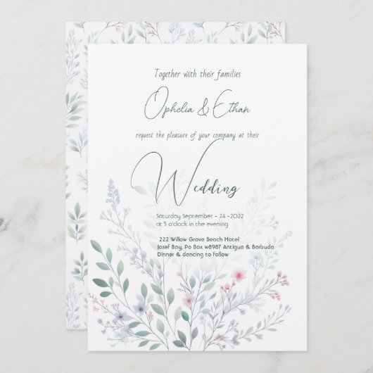 Invitation Fleur sauvage Pastel mariage de typographie modern (Devant / Derrière)