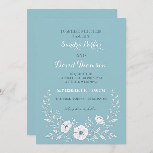 Invitation fleur sauvage periwinkle bleu élégant boho mariage (Devant / Derrière)