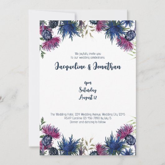 Invitation Fleur sauvage personnalisé Chardons Mariage bleu m (Devant)