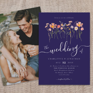 Invitation Fleur sauvage photo Script photo Marine bleu & bla