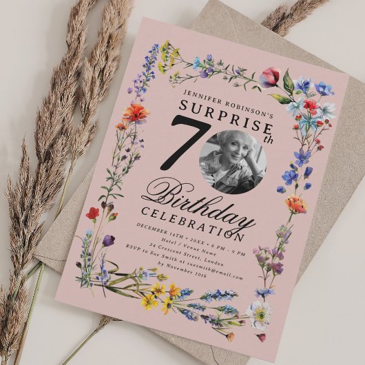 Invitation Fleur sauvage Photo SURPRISE 70e Anniversaire rose