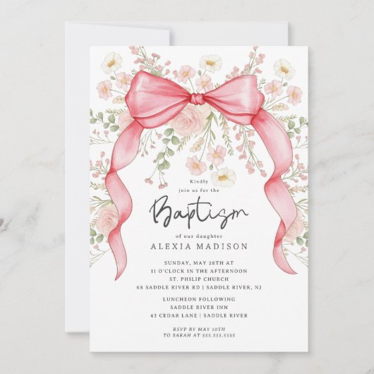 Invitation fleur sauvage Pink Bow Baptism (Devant)