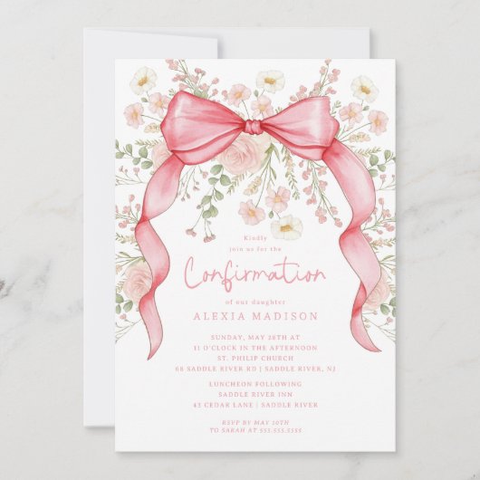 Invitation fleur sauvage Pink Bow Baptism (Devant)