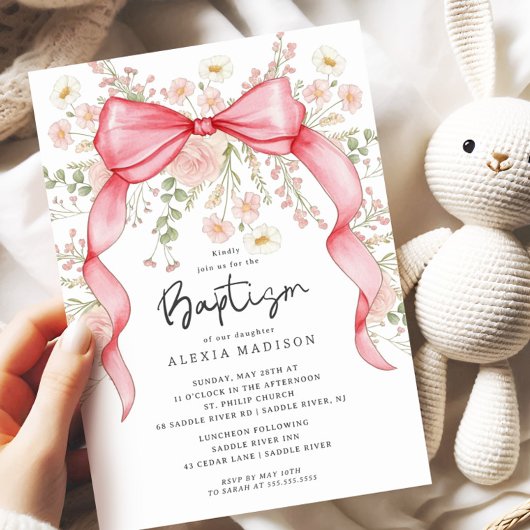 Invitation fleur sauvage Pink Bow Baptism
