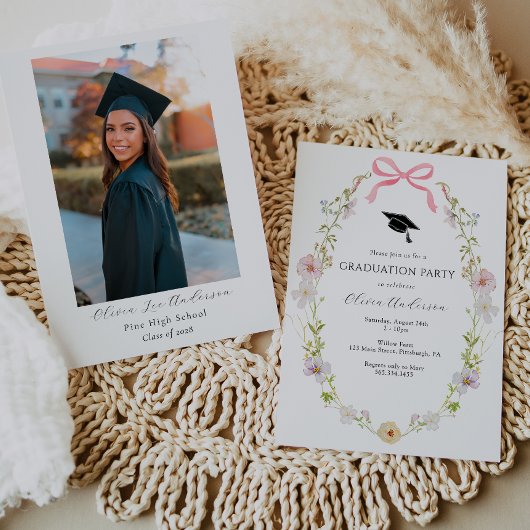 Invitation Fleur sauvage Pink Bow Graduation Photo Party
