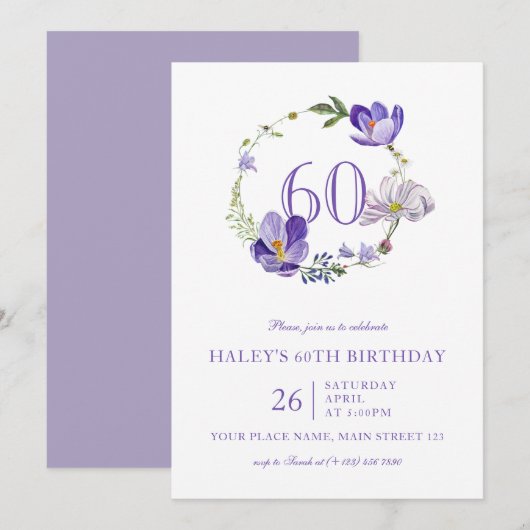 Invitation Fleur sauvage pour 60 ans de couleur violette (Devant / Derrière)