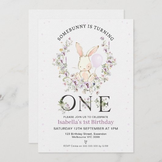 Invitation Fleur sauvage pourpre Un Lapin 1er Anniversaire (Devant / Derrière)