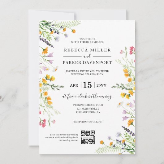 Invitation Fleur sauvage printemps moderne Mariage QR Code (Devant)