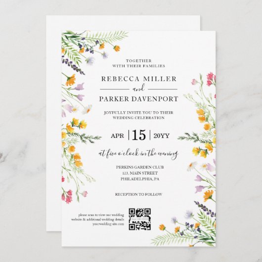 Invitation Fleur sauvage printemps moderne Mariage QR Code (Devant / Derrière)