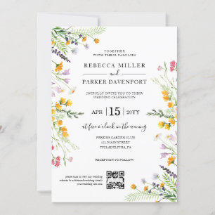 Invitation Fleur sauvage printemps moderne Mariage QR Code