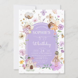 Invitation Fleur sauvage Purple Fairy 1er fête d'anniversaire