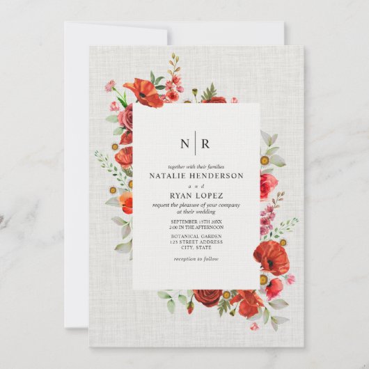 Invitation Fleur sauvage Red Poppy Floren lin Mariage (Devant)