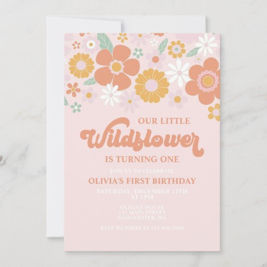 Invitation Fleur sauvage Retro Floral premier anniversaire In (Devant)