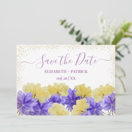 Invitation Fleur sauvage rhapsodie violet enregistrer la date (Debout devant)
