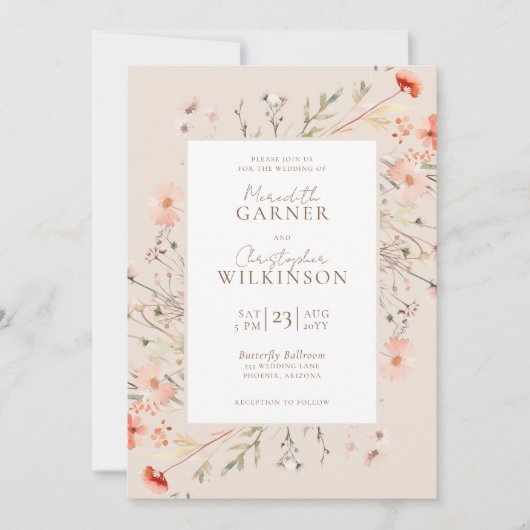 Invitation Fleur sauvage romantique Boho Mariage rose (Devant)