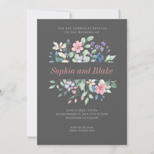 Invitation Fleur sauvage romantique moderne Mariage gris fonc (Devant)