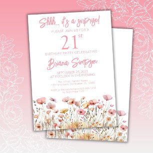 Invitation Fleur sauvage rose 21e fête d'anniversaire surpris