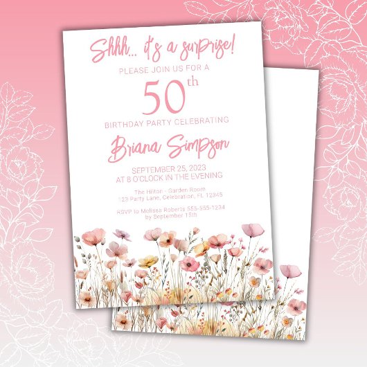 Invitation Fleur sauvage rose 50e fête d'anniversaire surpris