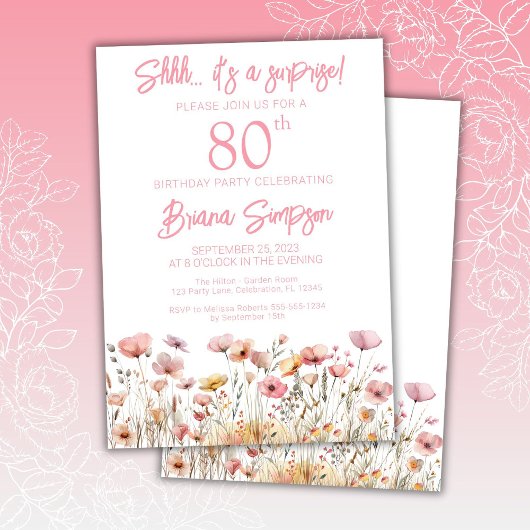 Invitation Fleur sauvage rose 80e fête d'anniversaire surpris