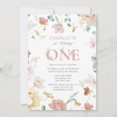 Invitation Fleur sauvage rose à un 1er anniversaire (Devant)