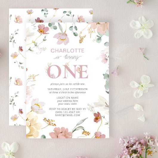 Invitation Fleur sauvage rose à un 1er anniversaire