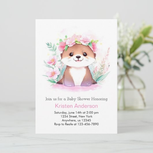 Invitation Fleur sauvage rose Aventure Otter Baby shower fill (Debout devant)
