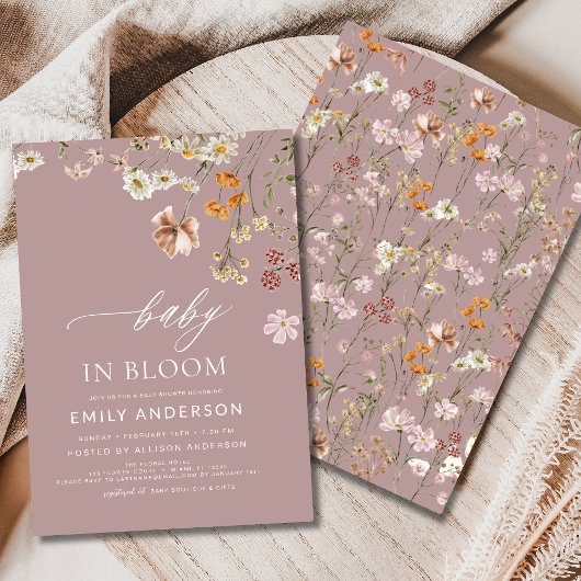 Invitation Fleur sauvage rose bébé dans le Baby shower en fle