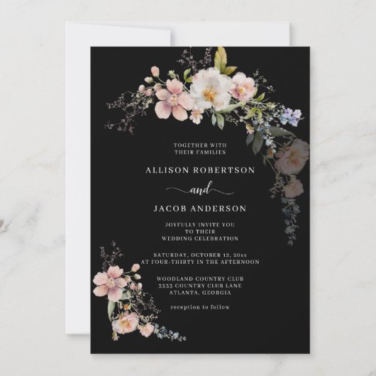 Invitation Fleur sauvage rose botanique Floral Black Mariage (Devant)