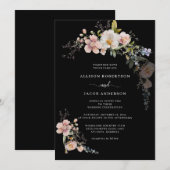 Invitation Fleur sauvage rose botanique Floral Black Mariage (Devant / Derrière)