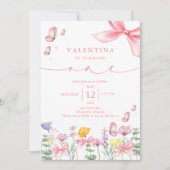 Invitation Fleur sauvage rose Bow 1er anniversaire (Devant)