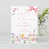 Invitation Fleur sauvage rose Bow 1er anniversaire (Debout devant)